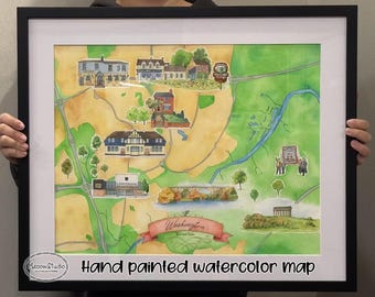 Custom Hand-Painted Watercolor Map: Wedding Venue, Hometown, Vacation