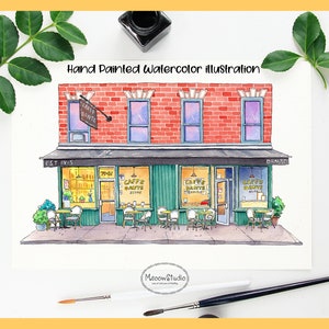 Custom Watercolor Painting,Hand-painted,Storefront illustration,Commercial Building Painting,Restaurant,Bar,Boutiques,For Business Owner