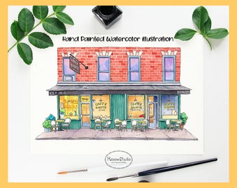 Custom Watercolor Painting,Hand-painted,Storefront illustration,Commercial Building Painting,Restaurant,Bar,Boutiques,For Business Owner