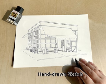 First Date Drawing from Photo, Custom Restaurant Sketch, 1st Anniversary Paper Gift, Original Ink Line Art