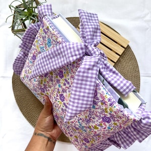 Purple Field Floral Bow Bible Sleeve, Quilted Book Cover