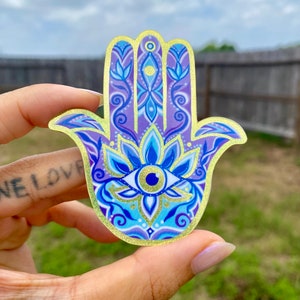 Adesivo de Palma Hamsa Glitter | Adesivo de Proteção Ocular Hamsa Dourado, Adesivo Hamsa Holográfico, Adesivo Mão de Fátima, Decalque de Laptop Hamsa Dourado