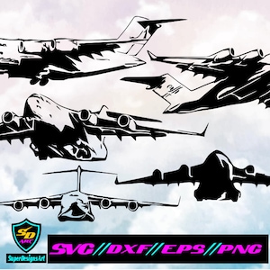 Puede incluir: Cinco ilustraciones en silueta en blanco y negro de un avión de carga C-17 Globemaster III en diferentes posiciones. El avión es un avión de transporte militar grande de cuatro motores.