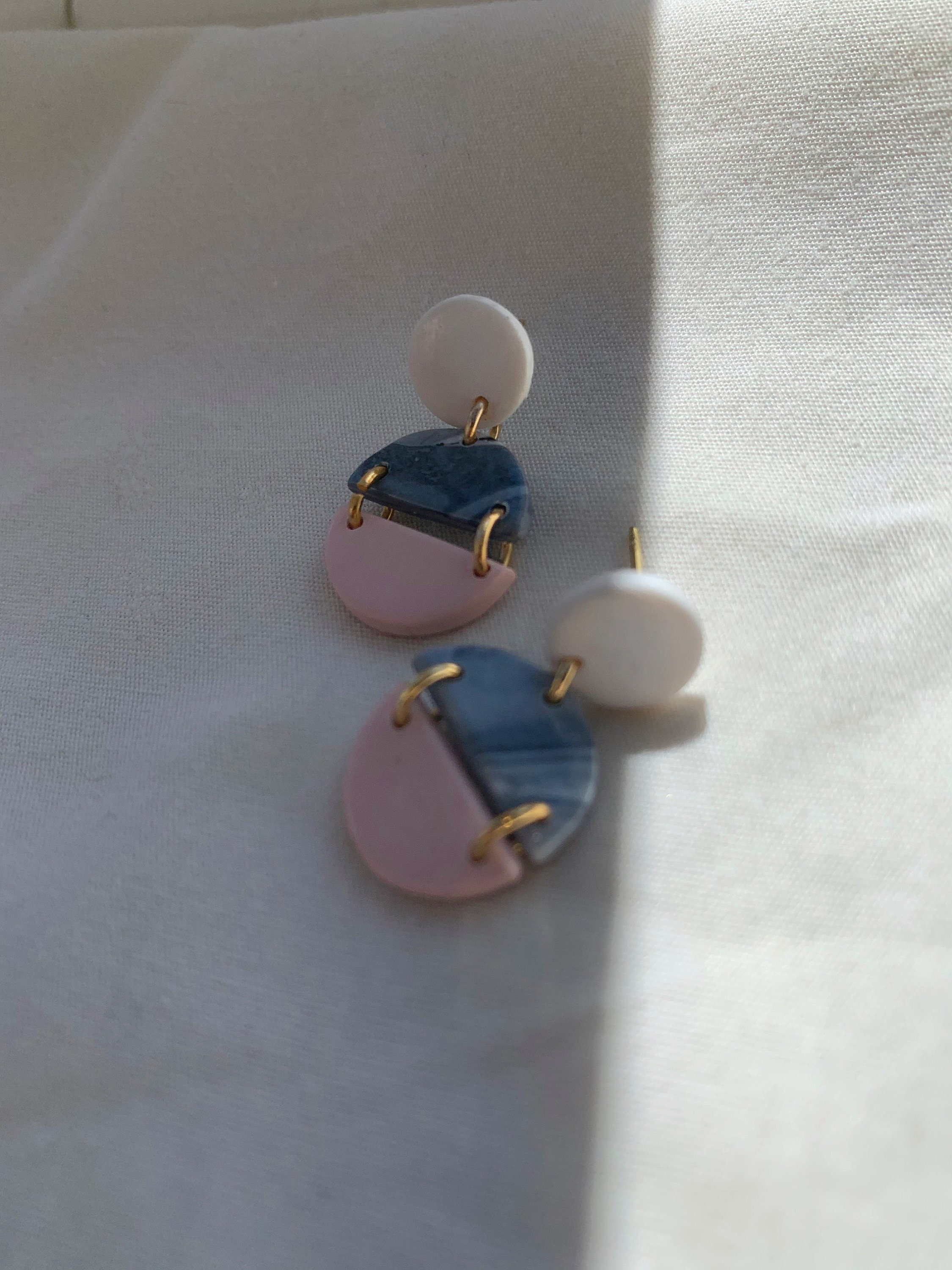 Pink/marble drop stud earrings/half circle Etsy