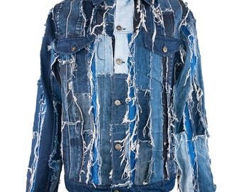 Chaqueta vaquera a rayas, patchwork, sostenible, reciclada, vintage