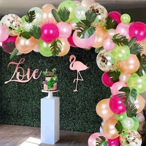 Tropical Balloon Garland Kit with Green Palm Leaves Pink Flamingo Bridal Shower Birthday Luau Party Moana Balloon Arch Kit