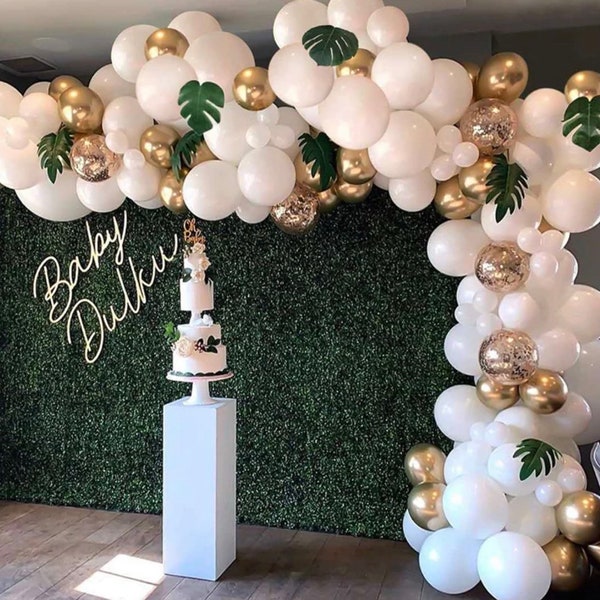 White Balloon Garland Kit with Gold and Leaves Wedding Birthday or White Bridal Shower Balloon Arch Kit