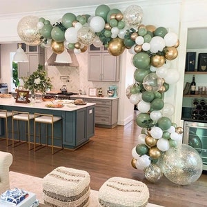 Sage Olive Green Balloon Garland Arch Kit White Gold Confetti Balloons Retro Green Balloon Arch Kit for Wedding Birthday Baby Shower image 1