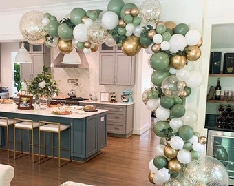 Sage Olive Green Balloon Garland Arch Kit White Gold Confetti Balloons Retro Green Balloon Arch Kit for Wedding Birthday Baby Shower