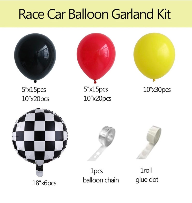 May include: Race car balloon garland kit with black, red, and yellow balloons in various sizes, checkered balloons, a roll of glue dots, and a balloon chain.