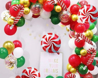 Christmas Balloon Garland Arch Kit Red White Green Balloons Candy Cane Balloon Arch for Christmas Holidays