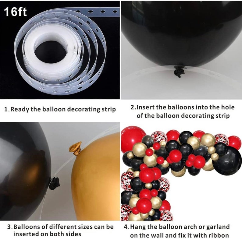 May include: A 16 foot clear plastic balloon decorating strip with holes for inserting balloons. The strip is shown being used to create a balloon arch with black, red, and gold balloons.