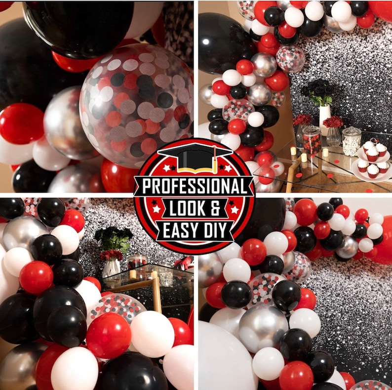 May include: A graduation party decoration with a black, red, and white balloon arch. The arch is made of balloons of different sizes and shapes, including round, heart, and star-shaped balloons. The balloons are arranged in a cascading pattern, with the larger balloons at the bottom and the smaller balloons at the top. The arch is decorated with confetti and a banner that says "Professional Look & Easy DIY".