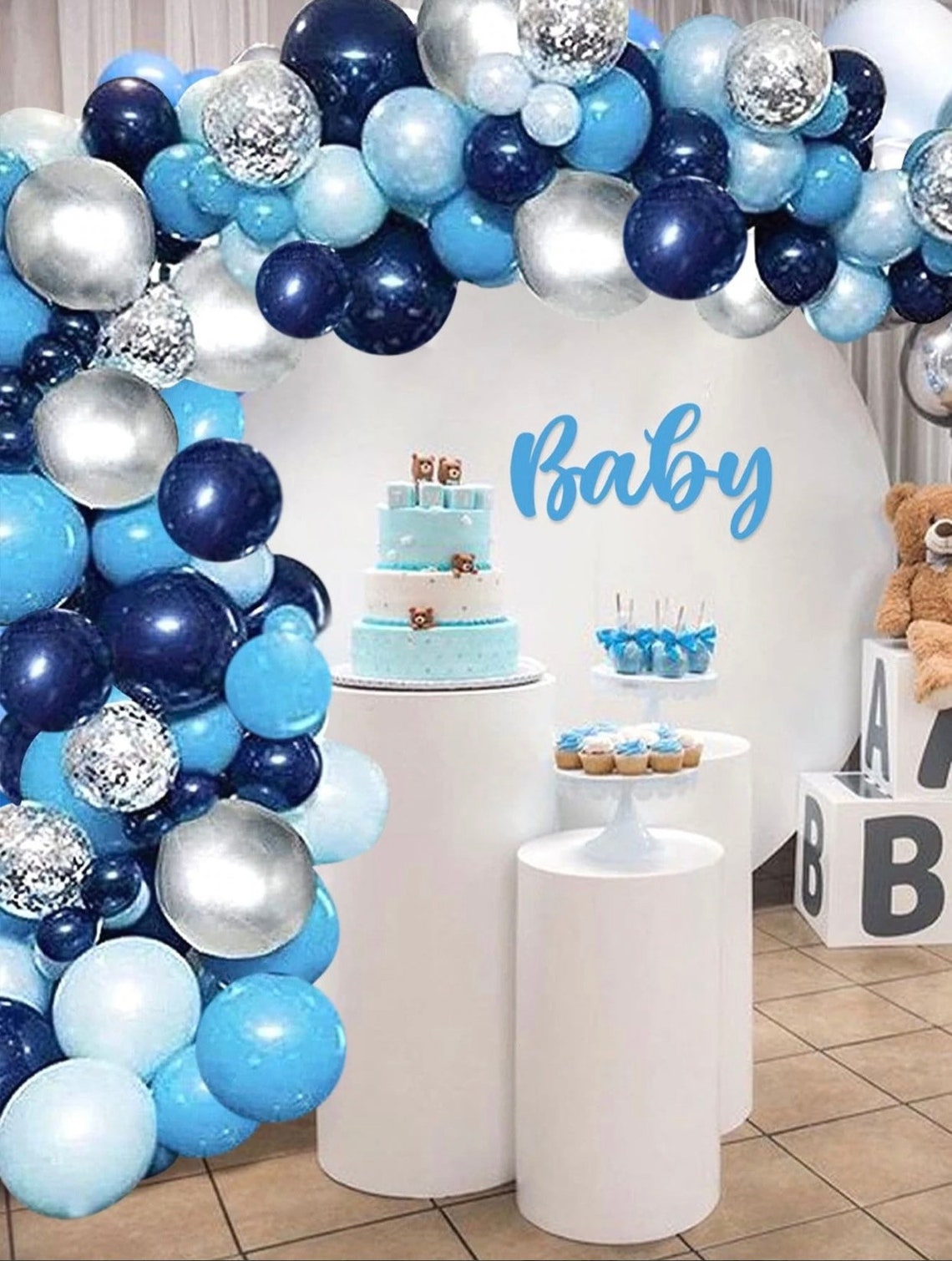 Navy Blue Baby Shower Balloon Garland Kit With Silver Birthday - Etsy