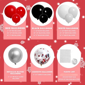 May include: Assortment of red, black, white, silver, and confetti balloons in various sizes. The balloons are arranged in three rows with a parts list for a balloon arch kit. The parts list includes black ribbon, glue, and a 16.4 ft balloon arch strip.