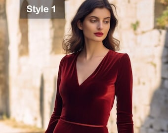 Velvet Midi Dress with Long Sleeves, V-Neck, and Closed Back - Below Knee Length - Elegant Women's Fashion | Customizable | Personalizable