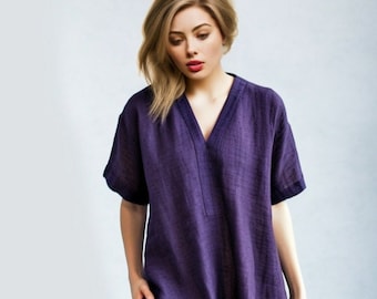 Stylish Linen Tunic Dress with Split Neck - Embrace the Modern Summer Trend | Customizable | Personalizable | 230514A