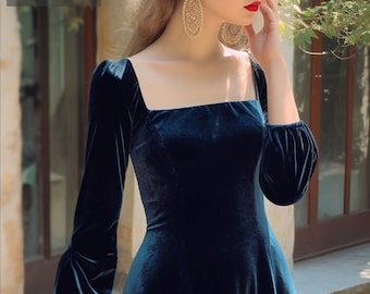 Chic Midi Velvet Dress with Puff Sleeves and Square Neckline - Closed Back - Bridesmaid or Evening Dress | Customizable | Personalizable