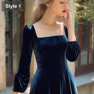 Chic Midi Velvet Dress with Puff Sleeves and Square Neckline - Closed Back - Bridesmaid or Evening Dress | Customizable | Personalizable