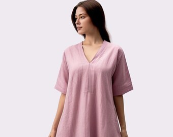 Robe en lin à col en V | Coupe ample et respirante | Robe d'été élégante | Robe en lin à manches 3/4 - Cadeau parfait pour la fête des Mères - Cadeau idéal pour elle