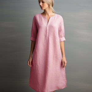 Stylish Linen Dress with Pockets | Split Neck and 3/4 Sleeves | Below Knee Length Shift Dress | Customizable | Personalizable | 230519A1