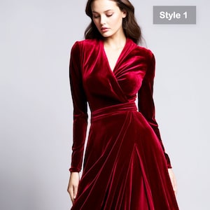 Crimson Velvet Retro Glam Maxi Dress | Bridesmaid Dress | Refined Technique, and Wrap Neck | Vintage Elegance for a Timeless Look