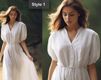 May include: A white linen dress with a v-neckline, short sleeves, and a tie at the waist. The dress is flowy and has a relaxed fit. The model is wearing the dress in a field of tall grass.