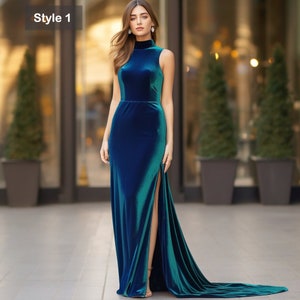 May include: A long, teal blue velvet dress with a high neck and a thigh-high slit. The dress has a fitted bodice and a flowing skirt.
