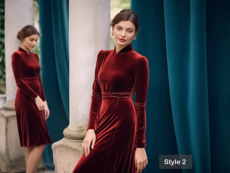 Stylish Velvet Midi Dress, Long Sleeves, Turtleneck, Self-Tie Belt, Spring & Fall Fashion, Custom Handmade, Plus Size Gowns, Holiday Clothing, Party Dress, Velvet Dress, Maxi Velvet Dress, Loose Dress, Velvet Long Gown, Long Sleeve Dress, Women Dress