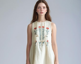 Boho Floral Embroidered Linen Sundress – Custom Sleeveless Summer Dress in Natural Fabric, Flowy Midi Fit | SKU.250803D