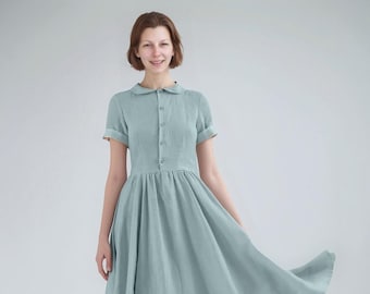 Vestido Midi de Linho Vintage – Vestido Camisa com Gola Peter Pan, Vestido Elegante de Verão com Mangas Curtas | SKU.25T11T4I