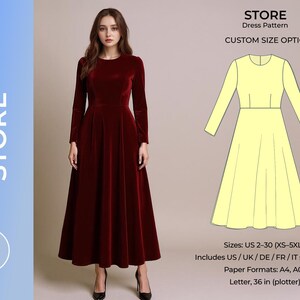Peut inclure: Une femme porte une longue robe en velours bordeaux à manches longues. À côté, une illustration de patron de robe jaune. Le texte comprend "Dress Pattern STORE" et "CUSTOM SIZE OPTION". Tailles US 2-30 (XS-5XL) disponibles.