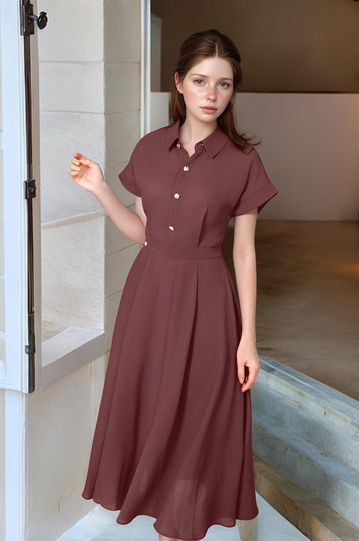 Elegant Twill Midi Shirt Dress – Collared Waist-defined Design