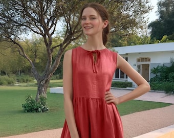 Rust Red Linen Midi Dress | Sleeveless Summer Sundress for Women | SKU.25T11T4B