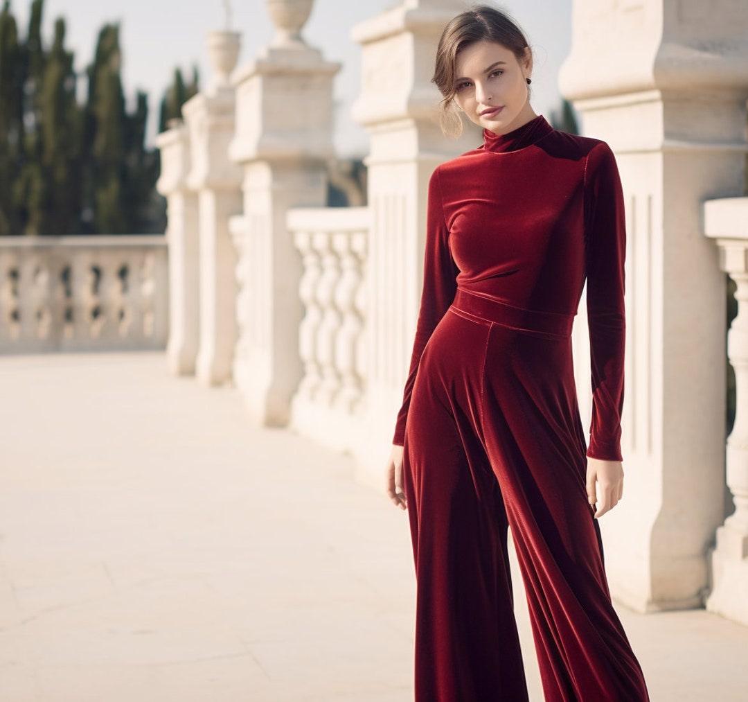 Chic Women's Wide Leg Velvet Jumpsuit | Long Sleeves & Belt | Stylish Wrap Romper | Plus Size - Velvet Wide Leg Jumpsuit | Velvet Turtleneck - Etsy Canada
