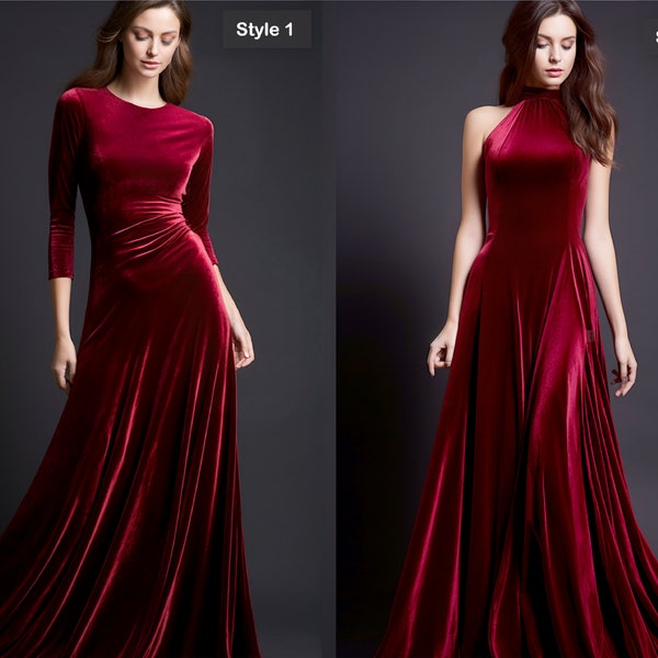 Custom Maroon Velvet Maxi Dress - Retro Glam Bridesmaid Gown and Refined Craftsmanship - Infuse Vintage Elegance for a Truly Timeless Look