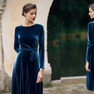 Versatile Velvet Midi Dress, Long Sleeves, Crew Neck, Closed Back, Self-Tie Belt, Below Knee Length, Fall Holiday Fashion, Party Dress, Maxi Velvet Gown, Wedding Guest Outfit, Loose Fit, Velvet Long Gown, Maternity Dress, Long Sleeve, Blue
