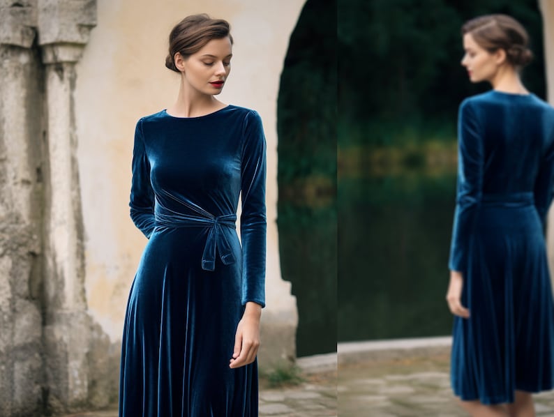 Versatile Velvet Midi Dress, Long Sleeves, Crew Neck, Closed Back, Self-Tie Belt, Below Knee Length, Fall Holiday Fashion, Party Dress, Maxi Velvet Gown, Wedding Guest Outfit, Loose Fit, Velvet Long Gown, Maternity Dress, Long Sleeve, Blue