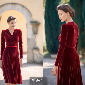 Versatile Velvet Midi Dress | Bridesmaid Dress | Long Sleeves, Self-Tie Belt | Spring & Fall | Custom Handmade | Plus Size Gowns