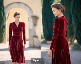 Versatile Velvet Midi Dress | Bridesmaid Dress | Long Sleeves, Self-Tie Belt | Spring & Fall | Custom Handmade | Plus Size Gowns