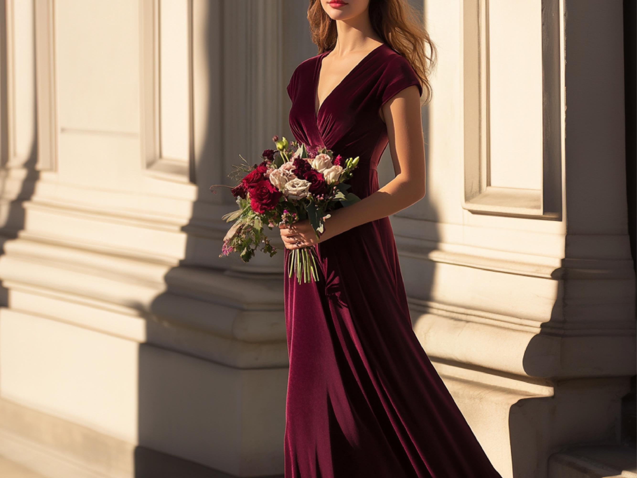 Velvet Bridesmaid Dress | Elegant Red Maxi Gown, Formal with Slit