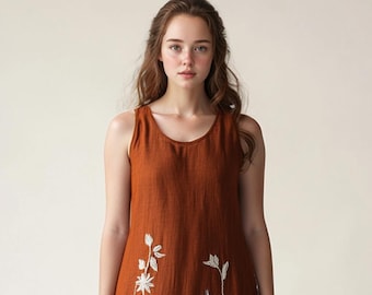 Broderad linneklänning – Ärmlös midiklänning i specialdesign, naturligt tyg, handgjord sommaroutfit | SKU.250702D