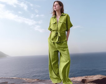 Linen Pantsuit Set for Women – Relaxed Fit Zip Shirt with Drawstring Waist and Wide-Leg Trousers, Summer Co-ord Outfit | SKU.25T22T4B