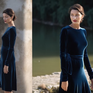 Versatile Velvet Midi Dress, Long Sleeves, Crew Neck, Closed Back, Self-Tie Belt, Below Knee Length, Fall Holiday Fashion, Party Dress, Maxi Velvet Gown, Wedding Guest Outfit, Loose Fit, Velvet Long Gown, Maternity Dress, Long Sleeve, Blue