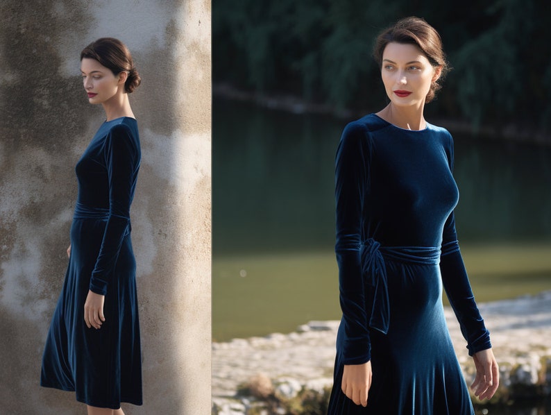 Versatile Velvet Midi Dress, Long Sleeves, Crew Neck, Closed Back, Self-Tie Belt, Below Knee Length, Fall Holiday Fashion, Party Dress, Maxi Velvet Gown, Wedding Guest Outfit, Loose Fit, Velvet Long Gown, Maternity Dress, Long Sleeve, Blue