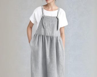 Linen Pinafore Dress for Women, Adjustable Straps, Layered Style, Handmade Apron Dress, Summer Minimalist Outfit | SKU.25T14T7U