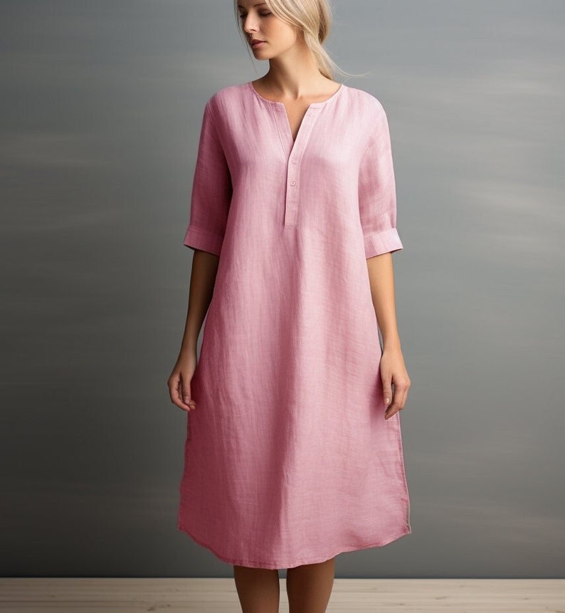 Stylish Linen Dress With Pockets Split Neck and 3/4 Sleeves Below Knee