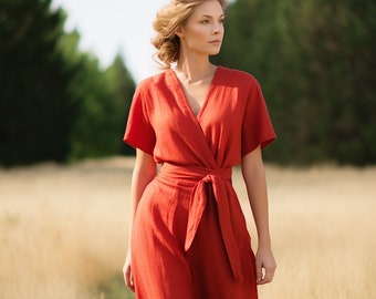 Customizable Linen Wrap Dress with Pockets | Maternity and Oversized Options | Relaxed Summer Fit | Personalized Gift for Her | 230411A