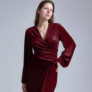 velvet wrap dress burgundy Burgundy Velvet V-Neck Bridesmaid Dress Sheath Midi
