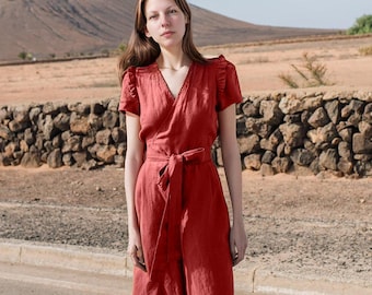 Linen Wrap Jumpsuit with Ruffle Sleeves, Wide Culotte Legs, Maxi Romper, Summer Outfit, Puff Sleeve, Waist Tie | SKU.25T22T3C